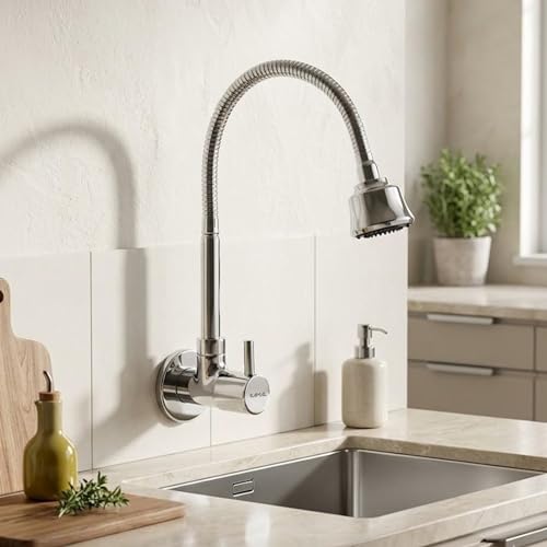 Image of KAMAL Sink Spray Tab - Elite | 360 Degree Flexible Wall Mounted Kitchen Faucet | Dual Flow SS304 Grade 50cm Extendable Spout & Brass Body Faucet | Aerator & Shower Spray Bib (Wall Mount Installation)