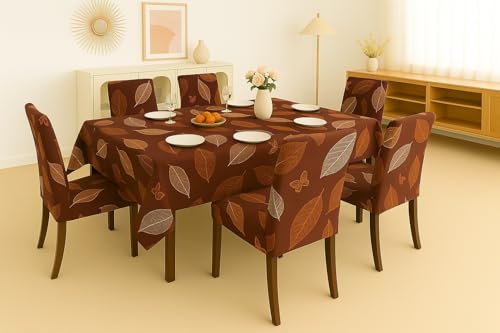 Image of Homerz Premium 6 Seater Dining Table Cloth with 6 Dining Chair Covers,Elastic Fitted Chair Slipcovers, Printed Polycotton Fabric, Table Cloth Size 60x90 inch (Maroon Leaf)
