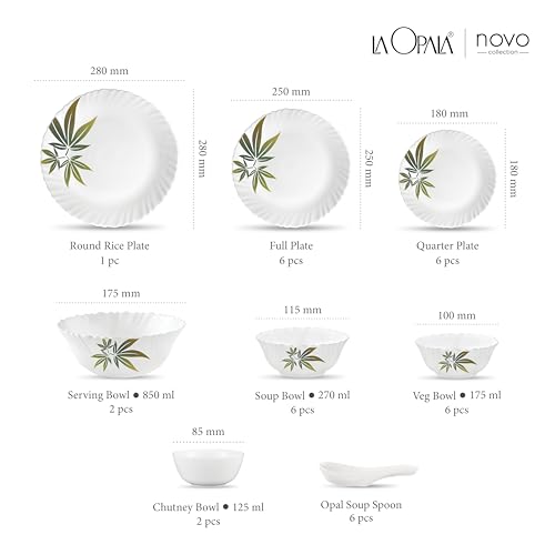 Image of La Opala Novo Collection Opal Glass Crockery | for Family of 6 | Dinner Set 35 pcs Trinty Green | Plates & Bowls for Dining | Microwave Safe | 100% Vegetarian | Extra Strong | Light & White