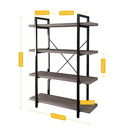 45MinST 4-Tier Vintage Industrial Style Bookcase/Metal and Wood Bookshelf Furniture for Collection, Gray Oak, 3/4/5 Tier (4-Tier)