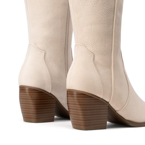 DREAM PAIRS DREAM PAIRS Womens Cowboy Boots Wide Calf Comfortable Pull On Zipper Chunky Heel Pointed Toe Embroidered Western Cowgirl Knee High Boots Ladies Retro Tall Boot,Size 7.5,Beige,SDKB224W