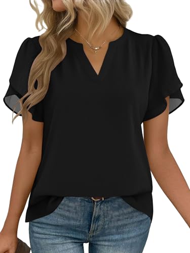 Zeagoo Womens Dressy Casual Shirts Short Sleeve V Neck Work Blouse Business Casual Summer Chiffon Tops Black