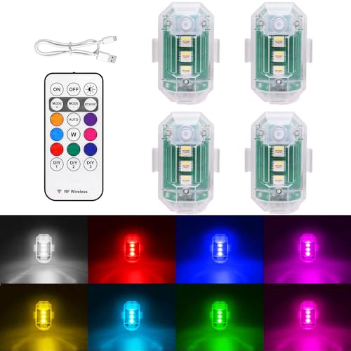 LETRADE 4 PCS Car LED Strobe Lights with Remote Control, 8 Colour Changing, IP67 Waterproof, 350mAh Rechargeable Ambient Lighting for Motorcycles, Trucks & Bikes