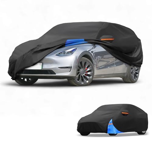 Image of All-Weather Waterproof Car Cover - UV-Resistant Outdoor Full Exterior Protection for Tesla Model Y 2020-2024 210D-PU Black Blue with Right Side Zipper