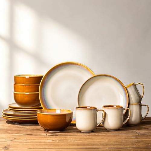 Image of LERATIO Ceramic Dinnerware Sets for 4,16-Piece Reactive Glaze Plates and Bowls Set with Mugs,Highly Chip and Crack Resistant | Dishwasher,Microwave & Oven Safe Dishes set-Kahki