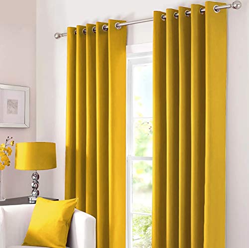 Image of Blackout Thermal Eyelet Ring Top Insulated Pair of Curtains Including 2 Tiebacks (Ochre Yellow, 46 inch x 54 inch)