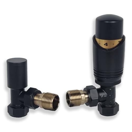 Black Radiator Valves - Thermostatic Radiator Valve Set for a Vertical Radiator - Angled Radiator Valves Including an Angled TRV & Lockshield Valve | Sidato Caldo