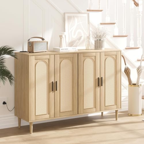 Rattan Buffet Cabinet with Storage,Sideboard Cabinet with 4 Doors and Adjustable Shelves, Console Coffee Bar with Charging Station, Boho Wood Cupboard for Kitchen, Livingroom and Dining Room,Entryway