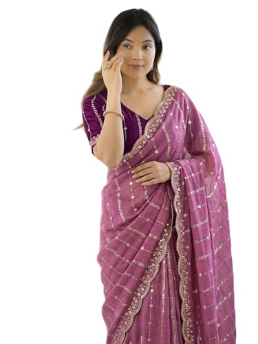 Image of SIRIL Women's Shimmer Georgette Scalloped Border Sequins Embroidery Saree with Unstitched Blouse Piece