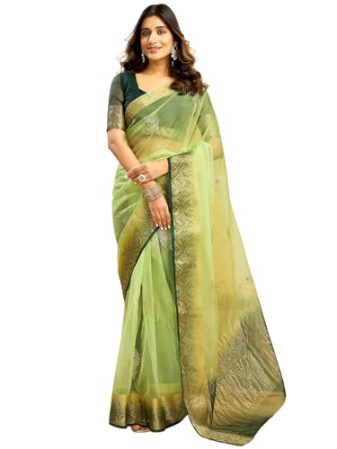 Image of Satrani Women's Organza Sequins Embroidery Jacquard Saree with Unstitched Blouse Piece