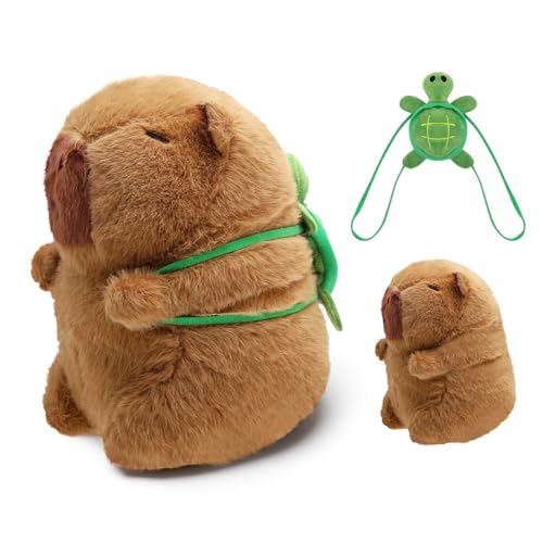 VOSSOT Peluche Capibara con Mochila Tortuga – Capibara Peluche Grande de 18cm, Juguete de Peluches Kawaii para Niños y Decoración, Tierno o Coleccionable