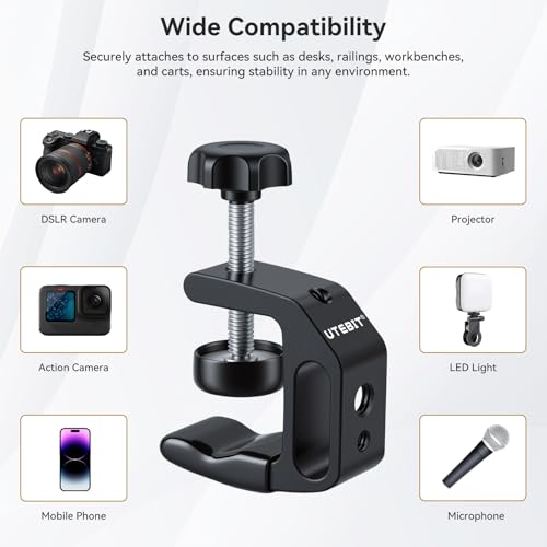 Image of UTEBIT 0.36 inch-1.2 inch Universal Aluminum C-Desk Clamp, Black | Adjustable Support Clamp with 1 /4 inch and 3 /8 inch Thread for Desktop Mount Holder Flash Desks Carts Benches Worktables