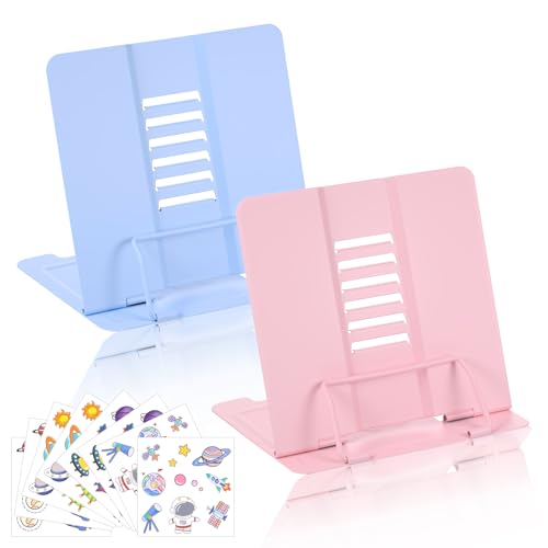 Kssvzz Atril de libros para niños, soporte de lectura plegable de metal con 6 posiciones ajustables, ajustable para escuela, cocina y oficina, color azul y rosa