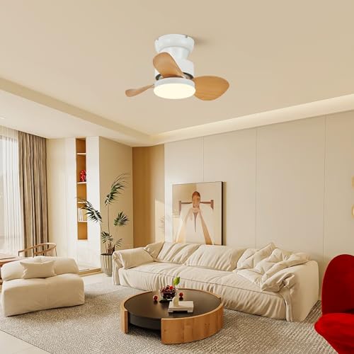 Becailyer 21.65 inch Mini Ceiling Fan with Lights and Remote, Small Flush Mount Ceiling Fans with Lamp, Reversible Summer Winter Mode 6 Speed Silent DC Motor for Bedroom Kitchen, White+Woodgrain — view 2