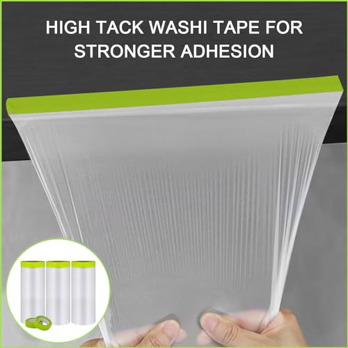 Image of Pre-Taped Masking Film-55inx65ft Tape and Drape Painters Paper Rolls, Plastic Painting Film for Automotive Painting Covering （Masking Film:2rolls,Tape:1roll）