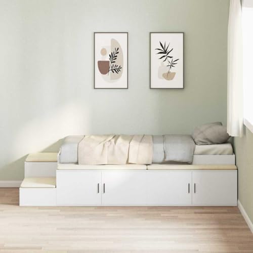 vidaXL Bett mit Stauraum Weiß 244 x 127 x 53.5 cm Holzwerkstoff, Modernes Schlafzimmer, rechteckiges Bett mit Regalen, platzsparendes Design für effizientes Wohnen