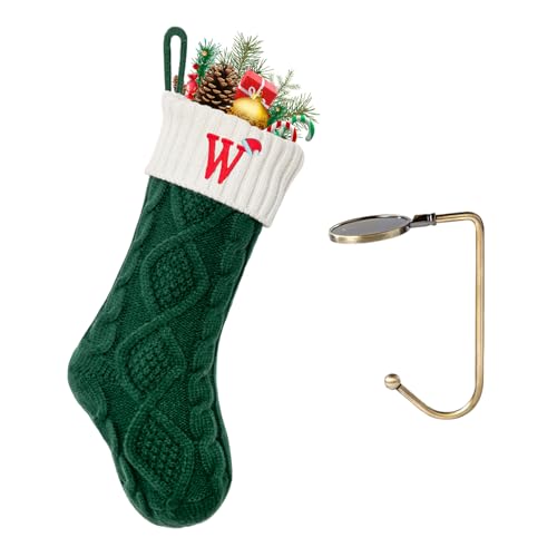 VRFASHION Christmas Stockings with Initials, Letter W Embroidered Xmas Stocking, 18" Large Monogram Knitted Xmas Stocking, Christmas Party Fireplace Family Hanging Stocking Decoration 1Pcs Green-White