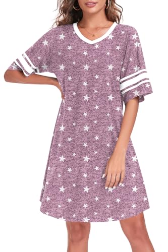 Womens Nightgowns Short Sleeve Sleepshirt Sleepwear Casual V Neck Sleep Dress Loungewear Nightshirts2