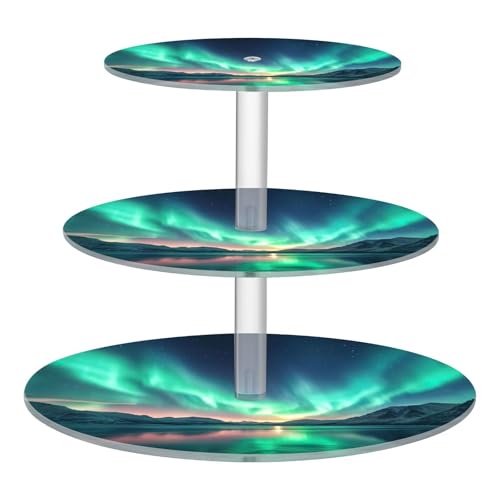 Msyxl Aurora Borealis Pattern Cupcake Stand 3-Tier Round Acrylic Cupcake