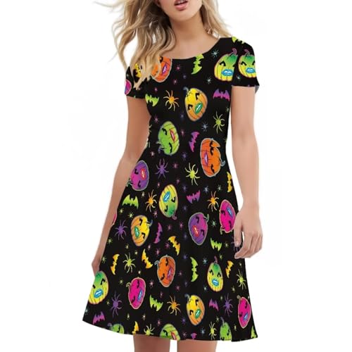 Image of Forchrinse Colorful Pumpkin Dress for Women Halloween Midi Short Sleeve Flowy Swing Tank A Line Elegant Party Wedding Costume Outfit, S-4XL, Small