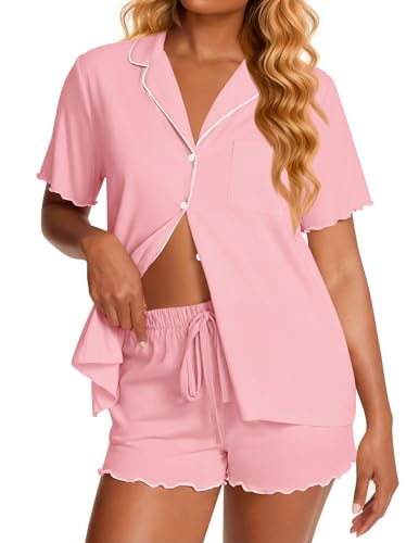 Image of Ekouaer Viscose from Bamboo Women Pajama Sets Button Up Cooling Pjs Short Sleeve Ruffle Sleepwear 2 Piece Lounge Shorts Set