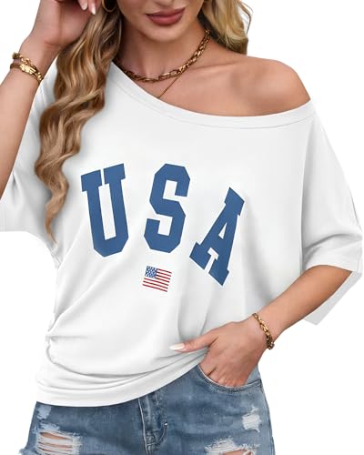 Image of Hilinker Womens Sexy Off The Shoulder Tops Short Batwing Sleeve T Shirt Oversized Casual Tee