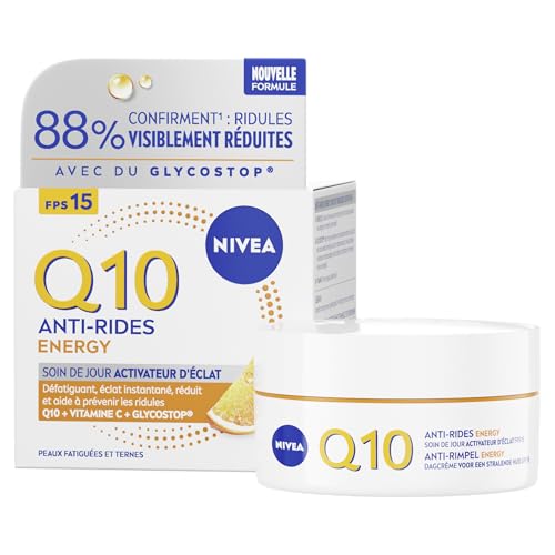 NIVEA Q10 Energy Soin de Jour FPS15 (1x50 ml), crème anti rides enrichie en Q10 pur & Vitamine C, crème anti-âge pour un teint éclatant, soin visage énergisant pour peaux ternes et fatiguées