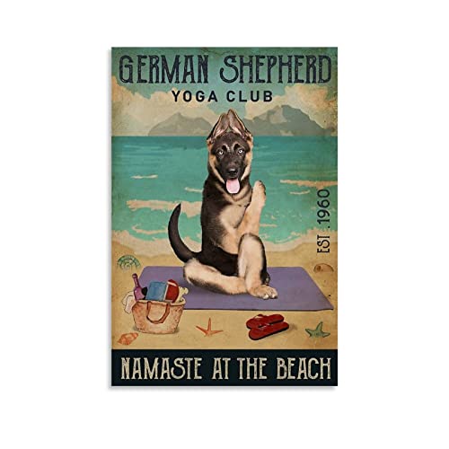 Poster rétro Ljx Berger allemand Plage Yoga Club Berger allemand Poster décoratif sur toile Décoration murale Salon Chambre 50 x 75 cm