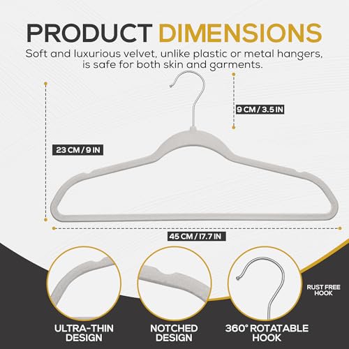 Image of Techzoo Premium Velvet Hangers 50 Pack Ultra Thin Non Slip Adult Felt Space Saving Suit Hanger for Closet Heavy Duty Coat Pants Jackets Dress Hangers 360 Swivel Hook Hold Upto 10 lbs Silver Birch