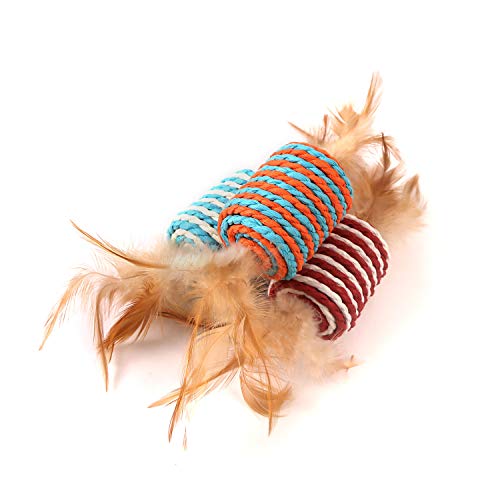 Image of PETS EMPIRE Interactive Plush Cat Toy - Cylinder Shape with Feather | Soft & Fun Toy for Kittens & Cats | Indoor Play 2Pcs Color May Vary