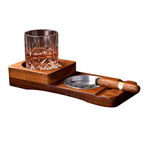 Cigar Ashtray Wooden Whiskey Glass Coaster Tray Cigar Rest Cigar Bed Stainless Steel Ash Reservoir Whiskey Accessory Set Great Decor for Home Office Bar Art Decoration