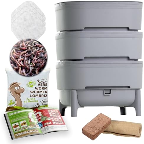 WORMcube Gris Design & Compact I Vermicompostador 3 bandejas I 25...