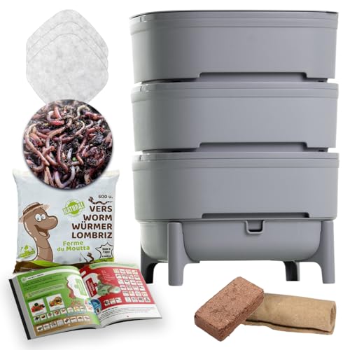 WORMcube Grau Design & Compact I 3-Etagen-Wurmkomposter I 250 gr Kompostwürmer / 500 STK. I Komplett-Set I Stoppfilter zum Ertrinken von Würmern