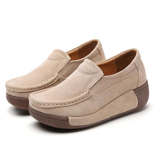 Image of YING LAN Women Slip On Loafers Comfort Suede Moccasins Wide Low Top Shoes