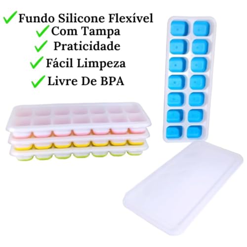 Kit 8 Forma Com Tampa Gelo Ice Flexivel Forminha Fundo Silicone 14 Cubos Alimentos Frutas Papinha (8
