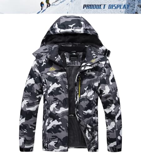 Foto von TACVASEN Herren Warme Skijacke Gefütterte Winterjacke Wasserabweisende mit Abnehmbarer Kapuzen (XL, Schwarz-Camo)