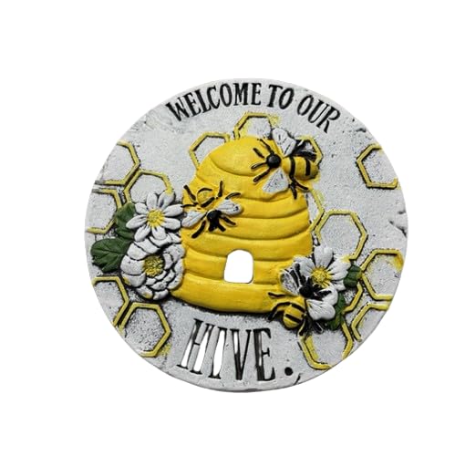 JVSTN Welcome to Our Hive Garden Stepping Stone, 7 Inch Round, Gray Plaster, Outdoor Decor