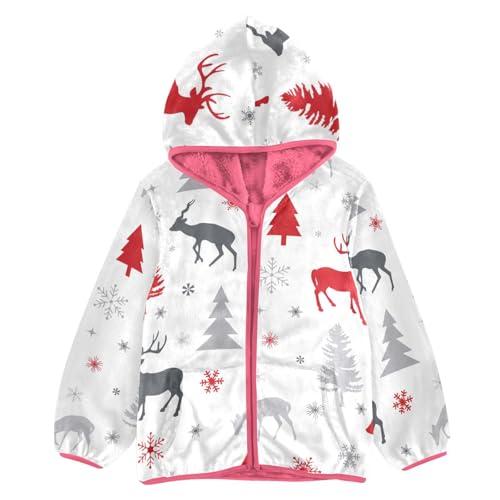 OTVEE Christmas Deer with Tree Pattern Kids Hoodie Jacket Fall Spring Full Zip Warm Outwear Coat