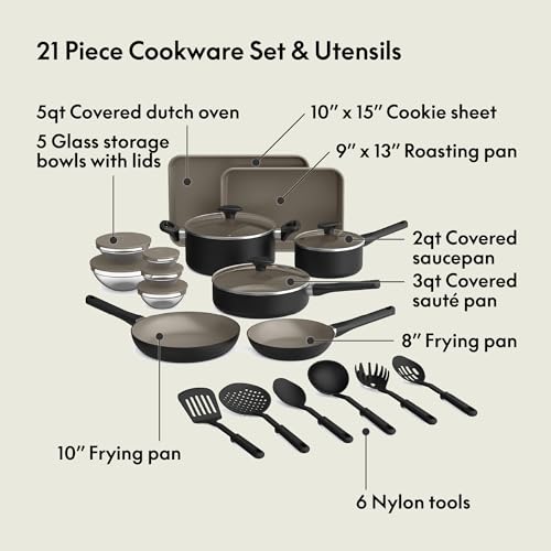 Image of bella 21 Piece Kitchen Set with EverGood Ceramic Nonstick Coating, Dishwasher & Oven Safe, All Stovetops Compatible, Tempered Glass Lids & Cool Touch Handles, Black