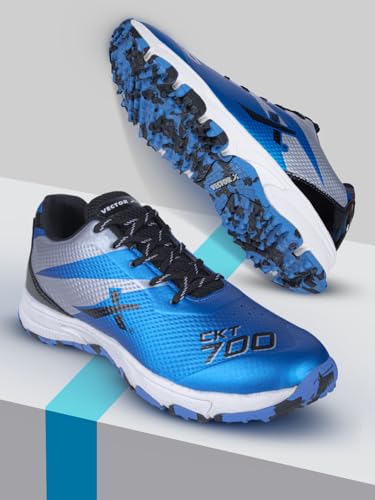 Vector X CKT-700 Cricket Shoes TPU Fusing & Spacer Mesh Upper Rubber Studs for Men Full Lace Fastening| Lightweight & Durable Footwear| Ideal for Turf, Ground & Hard Surfaces (Blue-Silver, Size-9)