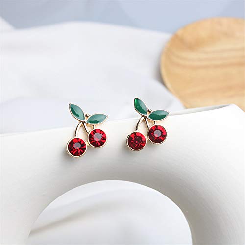 coadipress 18K Gold Plated Red Cherry Stud Earrings for Women Elegant Shining Green Emerald Leaf CZ Crystal Ruby Cherries Post Earring4