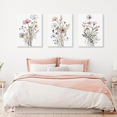 Bwodke Framed Wildflower Canvas Wall Art Pink Watercolor Botanical Floral Poster Prints Set of 3 Modern Minimalist Flower Pictures Home Decor Painting Bedroom Bathroom Living Room 12"x16" by Bwodke - Used condition - Image 8