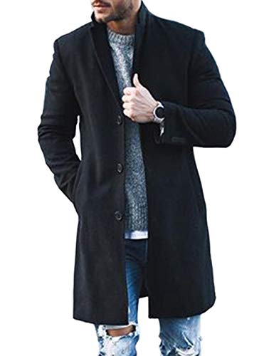 Men's Solid Wool Blend Slim Long Top Coat Outerwear Single Breasted Long Sleeve Lapel Neck Trench Jacket