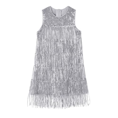 Miipat Robe à Franges Paillettes pour Filles, Vintage Élégante Scintillant Tassel sans Manches Robe Petits Enfants Fête Bal Soirée(Argenté 110 4-5 Ans)