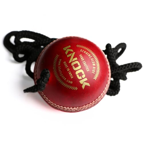 Image of KHELSPACE Knock Leather Cricket Hanging Ball with Rope, Professional Grade Training Ball, Hand-Stitched, Standard Size, Red