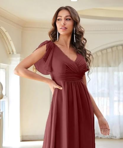 Women's V Neck Chiffon Bridesmaid Dresses with Flutter Sleeves High Slit Pleated Formal Dress with Pockets DK0023