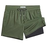 maamgic 5inch Mens Swimming Trunks with Compression Liner 2-in-1 Swim Trunks Stretch Quick Dry Swim Shorts with Zipper Pockets Dark Green and Black Medium