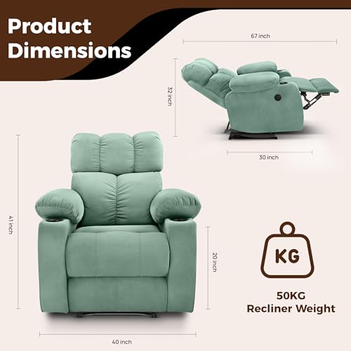Little NAP Helios Soft Suede Fabric Single Motorized with Cup Holder Standard Recliner | Padded 1 Seater Aaram Sofa | Relaxing Chair for Home Office Living Bed Room | Green