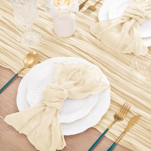 Image of MLMC Beige Cheesecloth Table Runner 10ft Cream Rustic Gauze Cheese Cloth Table Runner 35x120 Inches Sheer Cloth Centerpiece for Wedding Baby Bridal Shower Home Decor