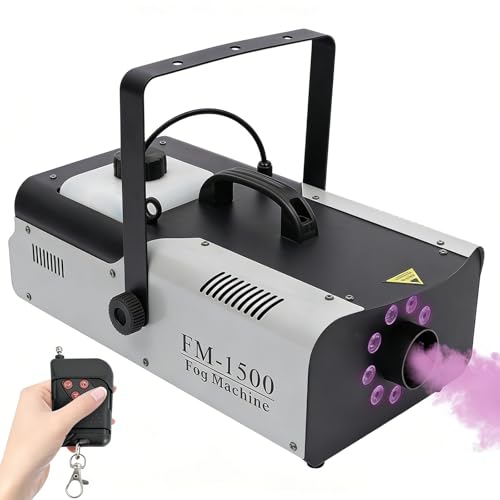 1500W DMX Nebelmaschine 2.5L-Tank für Nebelmaschine-Flüssigkeit 230V Nebelmaschinen 9 x 3W RGB+Mischfarben LED Bühnenlicht Rauch Nebelmaschine mit Fernsteuerung 1-10min-Aufwärmzeit 1.2m-Stromkabel